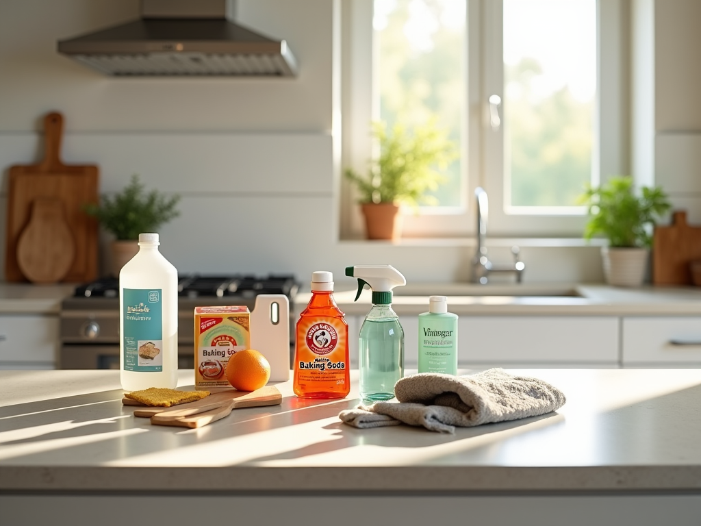 Modern kitchen with cleaning supplies: vinegar, baking soda, spray bottle, and sponge on countertop.