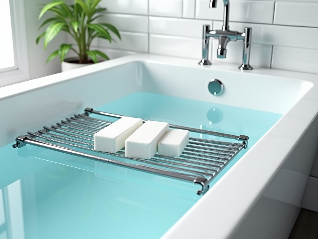 Bright, modern bathroom with a filled bathtub and a metal rack holding two white sponges.