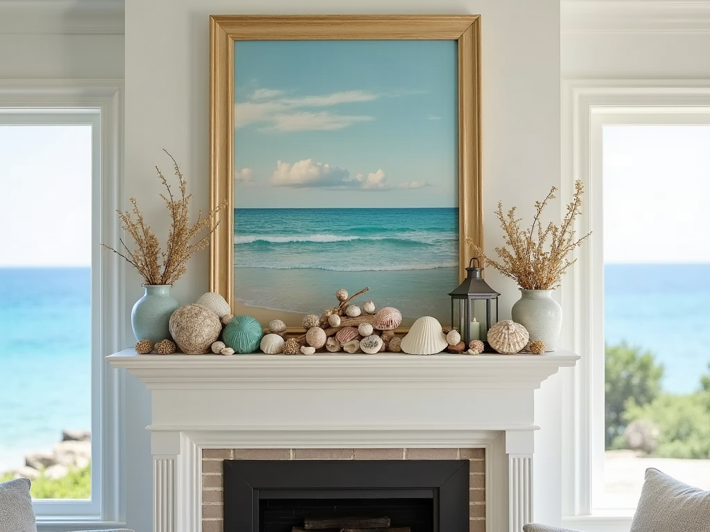 Coastal-themed fireplace with a large painting of the ocean and decorative seashells on the mantel.