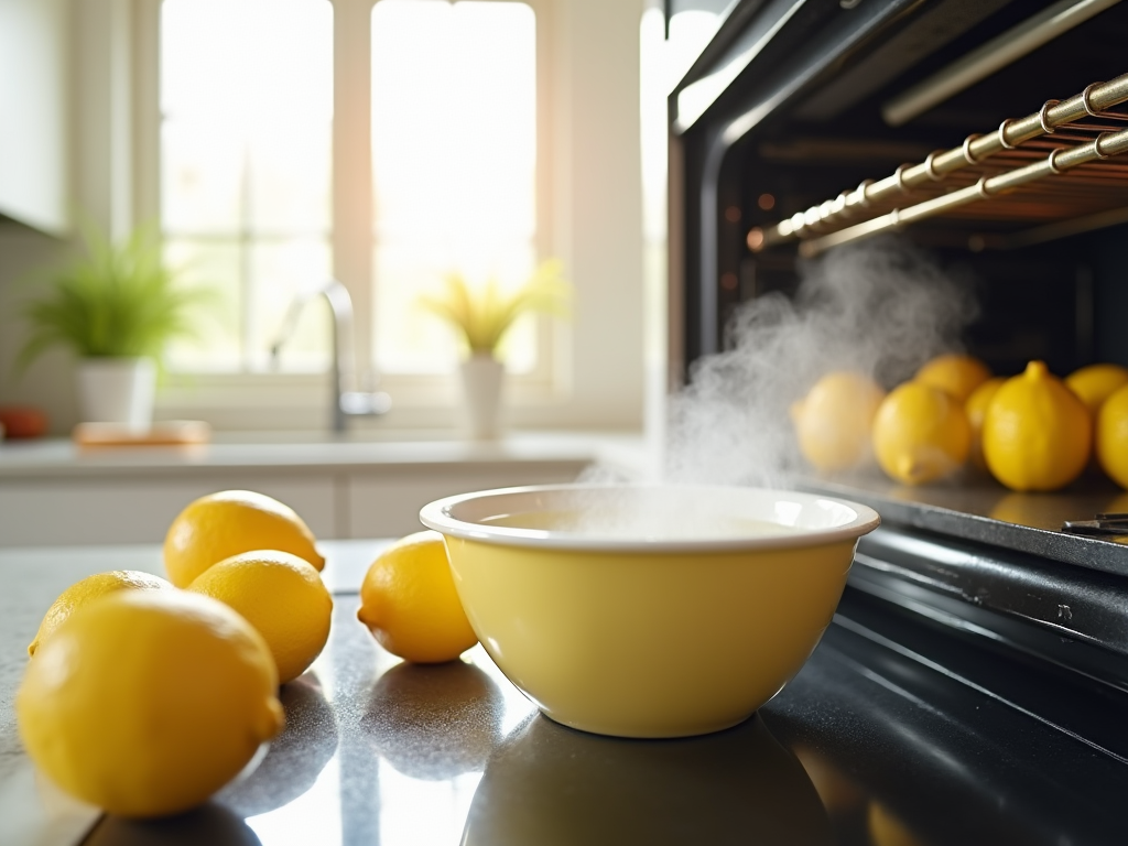 Steam rises from a hot bowl on a stove with fresh lemons nearby in a sunny kitchen.