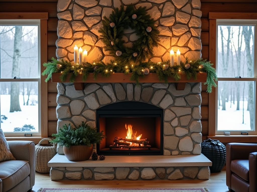 Cozy winter scene with a lit fireplace and decorated mantel in a room overlooking snowy trees.